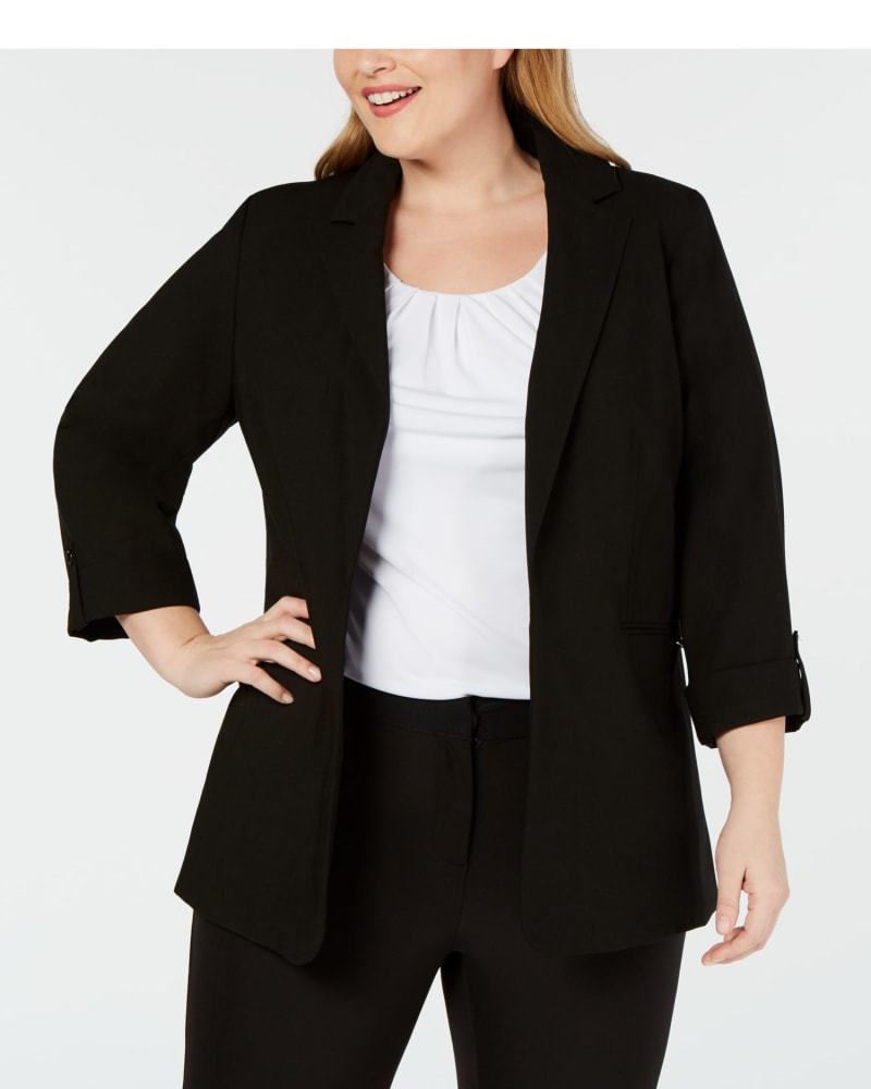Front of a model wearing a size 14W Calvin Klein Women's Plus Open Front Roll Tab Sleeves Topper Jacket Black Size 14W in Black by Calvin Klein. | dia_product_style_image_id:314588